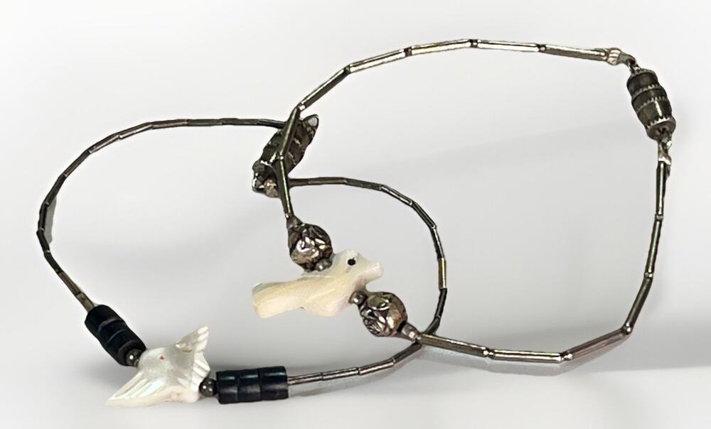 VTG Sterling Silver Liquid Silver MOP Bird Fetish Bracelet Pair Old Pawn
